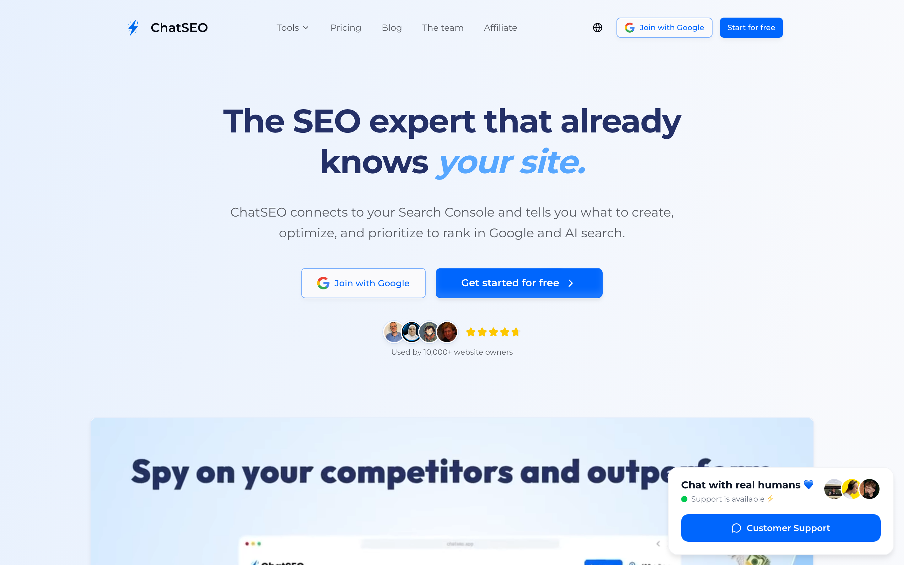 Screenshot of ChatSEO: the AI SEO assistant that connects to your Google Search Console and tells you what to create and optimize