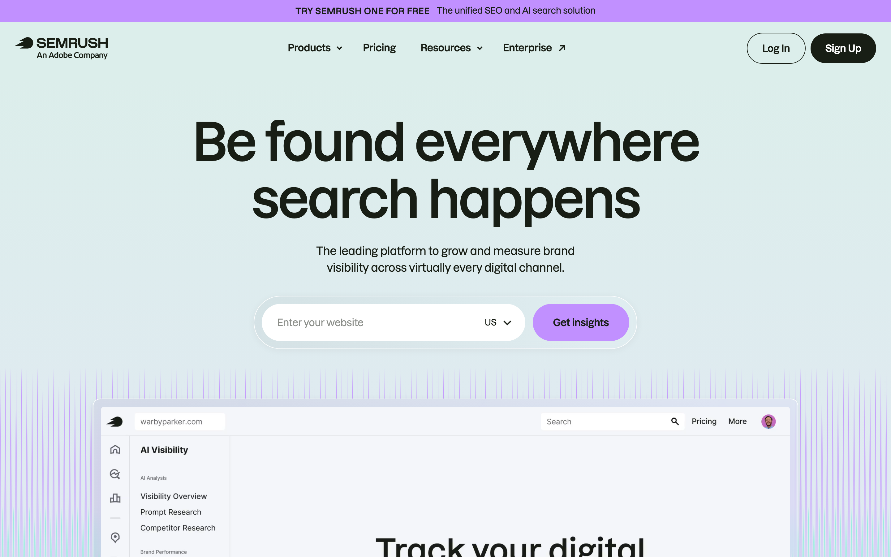 Screenshot of the Semrush homepage